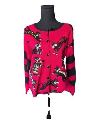 Susan Bristol Cat Cardigan Sweater L Red Black Novelty Kitty Cottagecore Artsy